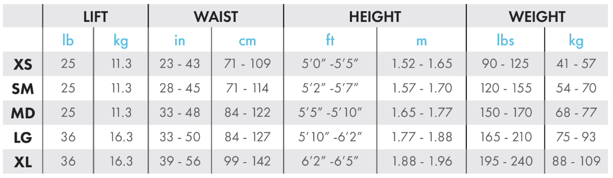 Size Chart for ODYSSEY BCD