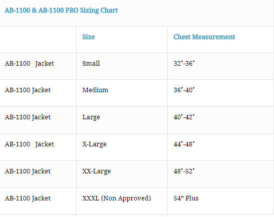 Size Chart for Pro Floatation Bomber Jacket (Closeout)