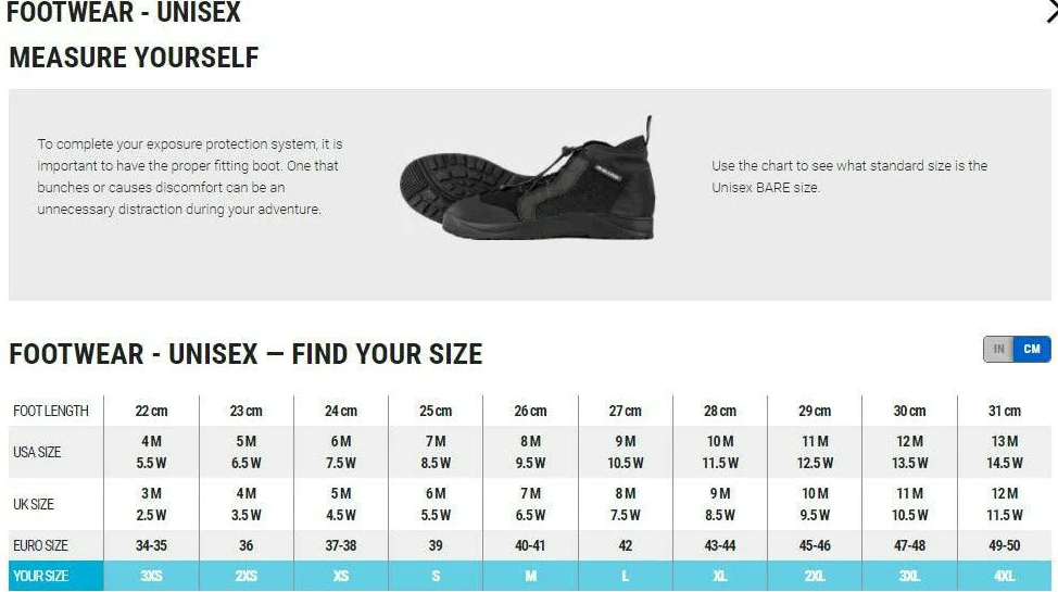 Size Chart for 5MM S-FLEX BOOTS