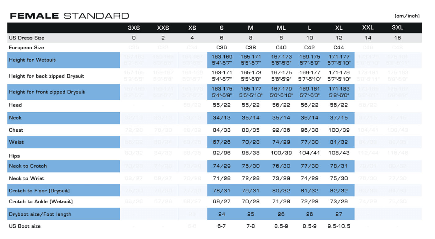Female Size Chart for D7X Nylotech Drysuit
