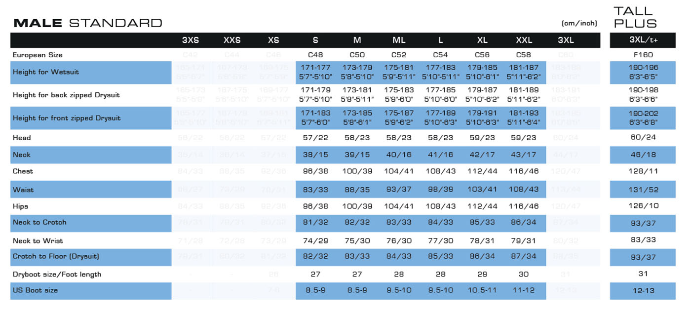 Size Chart for D7X Nylotech Drysuit