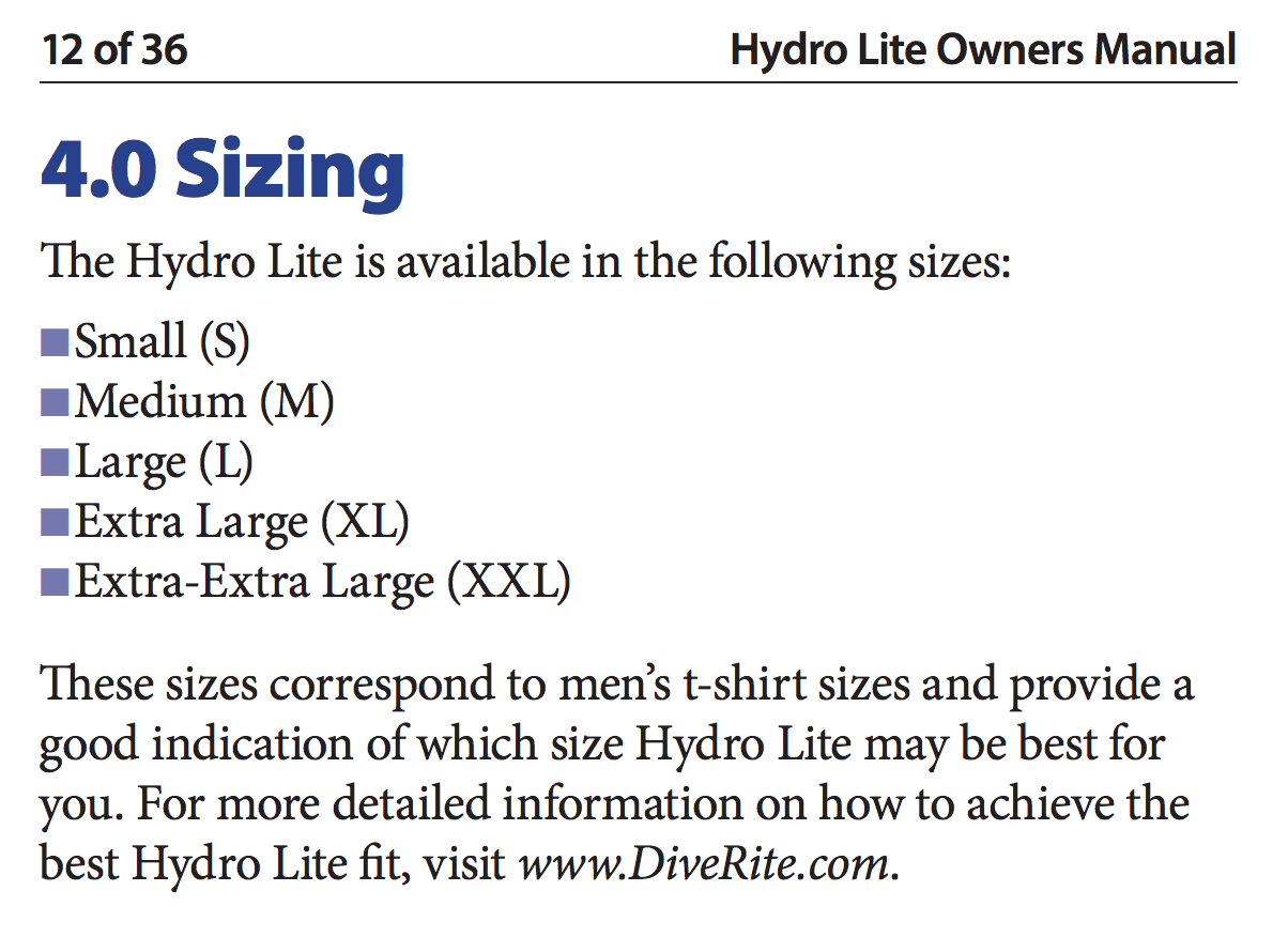 Size Chart for Hydro Lite Travel BCD