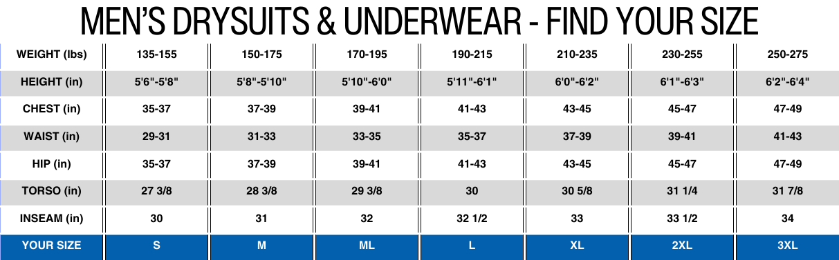 Size Chart for Bare Men's Trilam Tech Dry