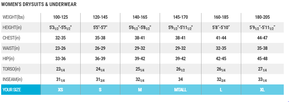 Female Size Chart for Ultrawarmth Women's Base Layer Top