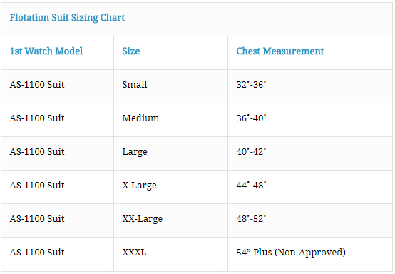 Size Chart for Anti-Exposure Flotation Suit