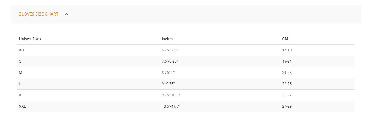 Size Chart for Xerotherm Wrist Warmer (Closeout)