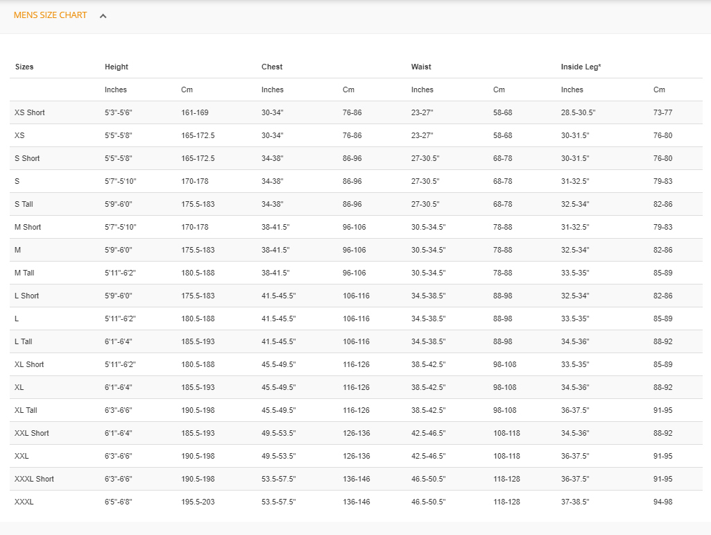 Size Chart for Arctic 1 Piece Undergarment - XS, XXL, or 2XLS (Closeout)