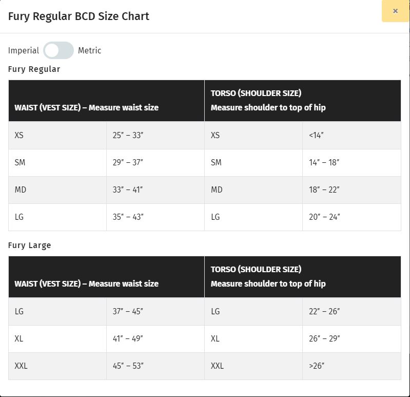 Size Chart for Fury Ripcord BCD