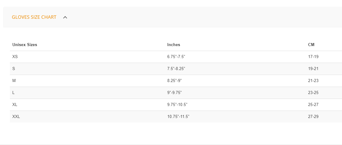 Size Chart for 5mm Neoprene Hydrolock Gloves