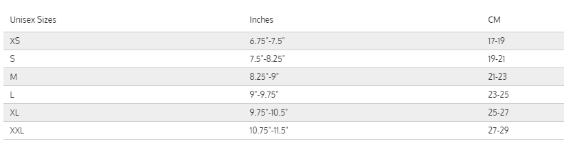 Size Chart for 3mm Neoprene Hydrolock Gloves