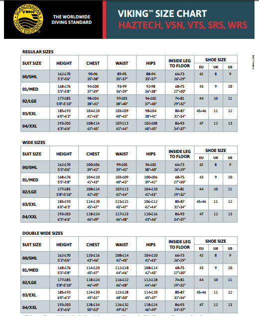 Size Chart for Viking Haztech Drysuit