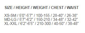Size Chart for Tek Travel Package