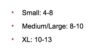 Size Chart for F2 Fin