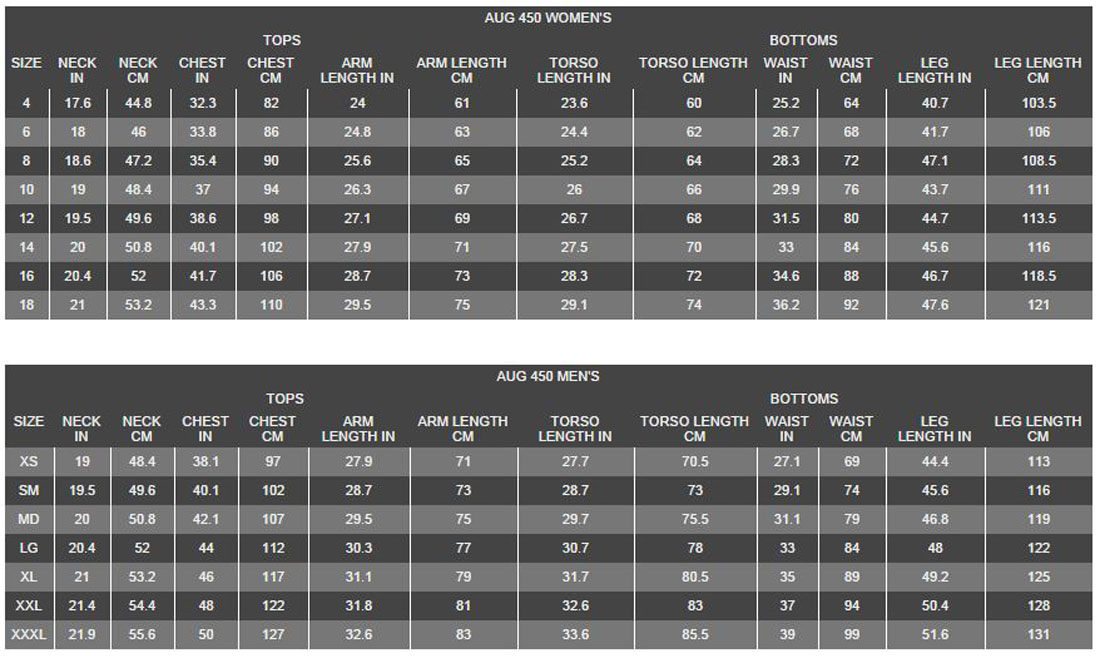 Female Size Chart for AUG Base Women's Undergarment Bottom (3XS, Closeout)