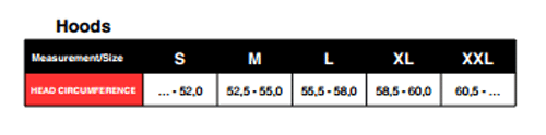 Size Chart for 6mm Light Standard Hood - Closeout - Sizes S & M