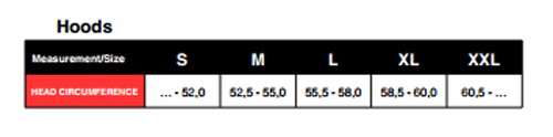 Size Chart for 7mm Neoprene Hood