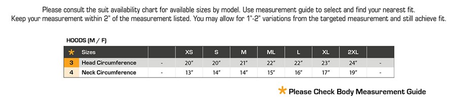 Size Chart for H2 5/10mm Hi Visibility Hood