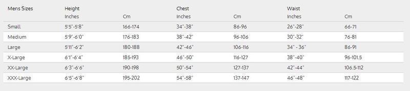 Size Chart for Men's J2 Baselayer Long Sleeve Top
