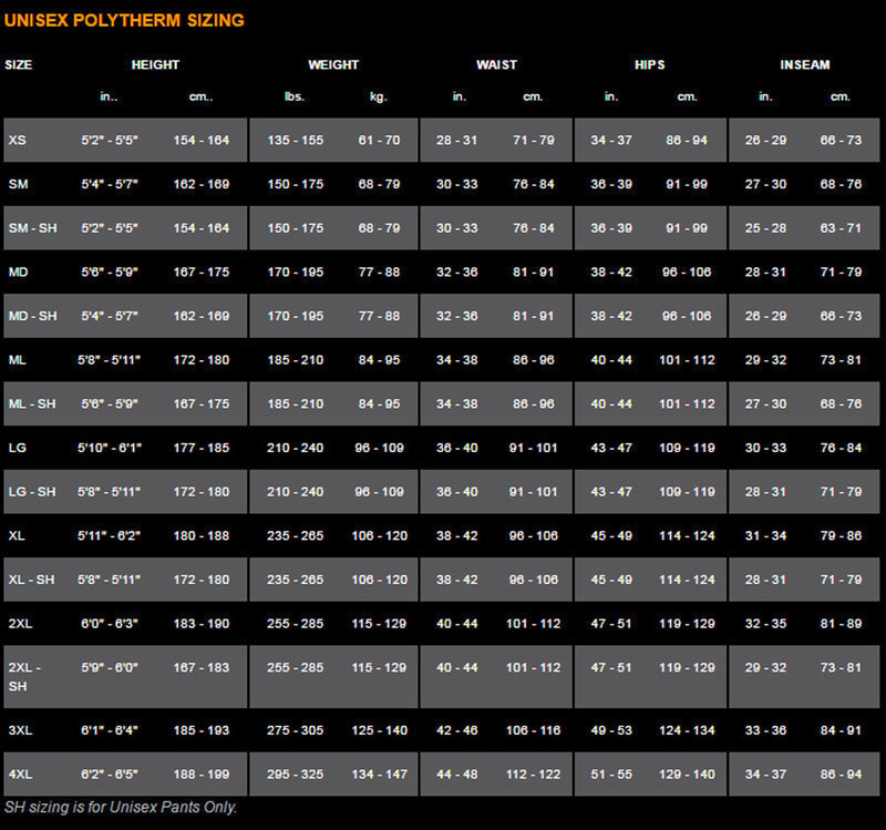 Size Chart for Lavacore Pants Unisex