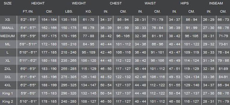Size Chart for Full Jump Suit