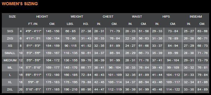 Female Size Chart for Full Jump Suit
