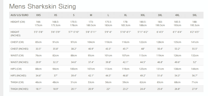 Size Chart for Men's Chillproof Fullsuit (Closeout)