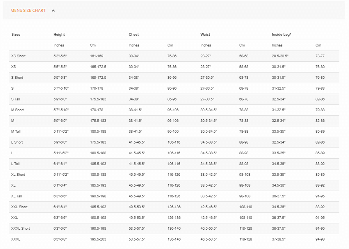 Size Chart for Xerotherm Top (Closeout)