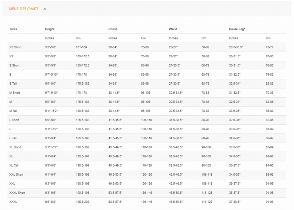 Size Chart for Men's Xerotherm Baselayer Top