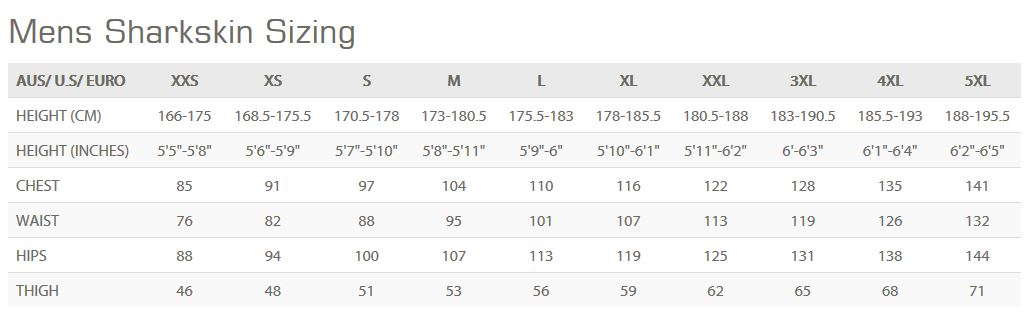 Size Chart for Titanium 2 Front Zip Suit (Male)