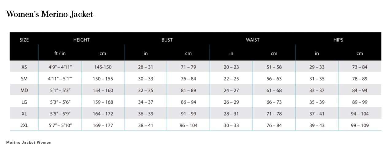 Female Size Chart for Merino Men's Full Zip Jacket (Small  Closeout)