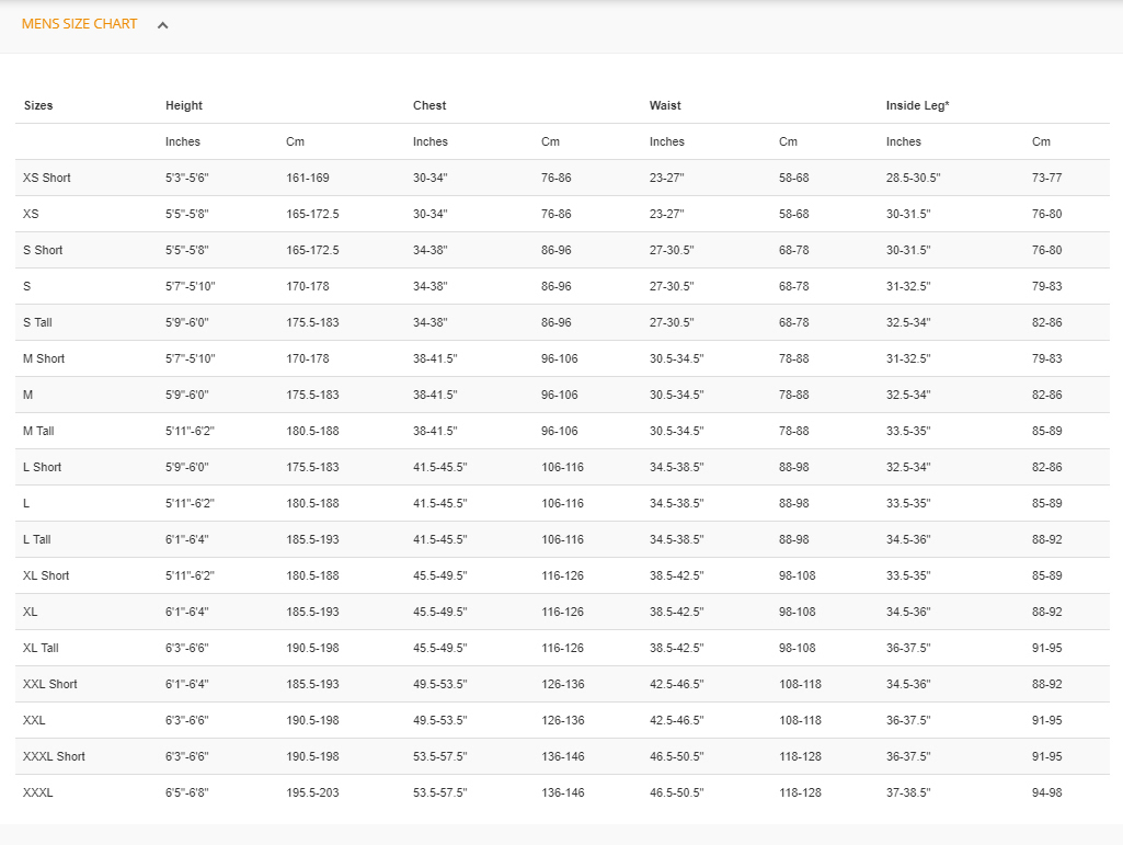 Size Chart for Thermocline Vest