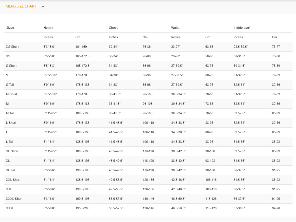 Size Chart for Thermocline Leggings