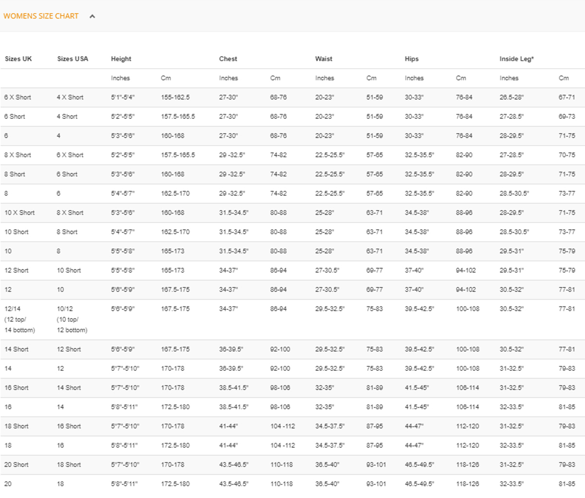 Female Size Chart for Thermocline One Piece Suit (Closeout)