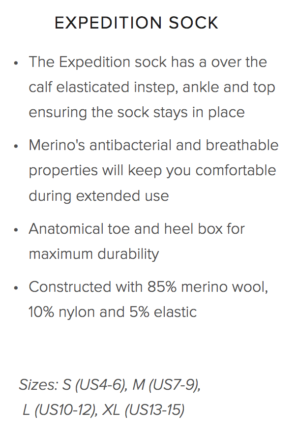 Size Chart for Expedition Undergarment Sock