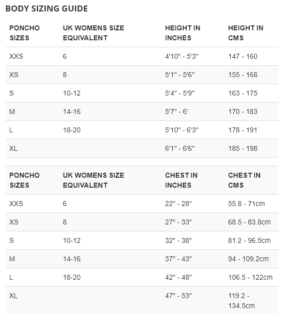 Size Chart for Storm Poncho