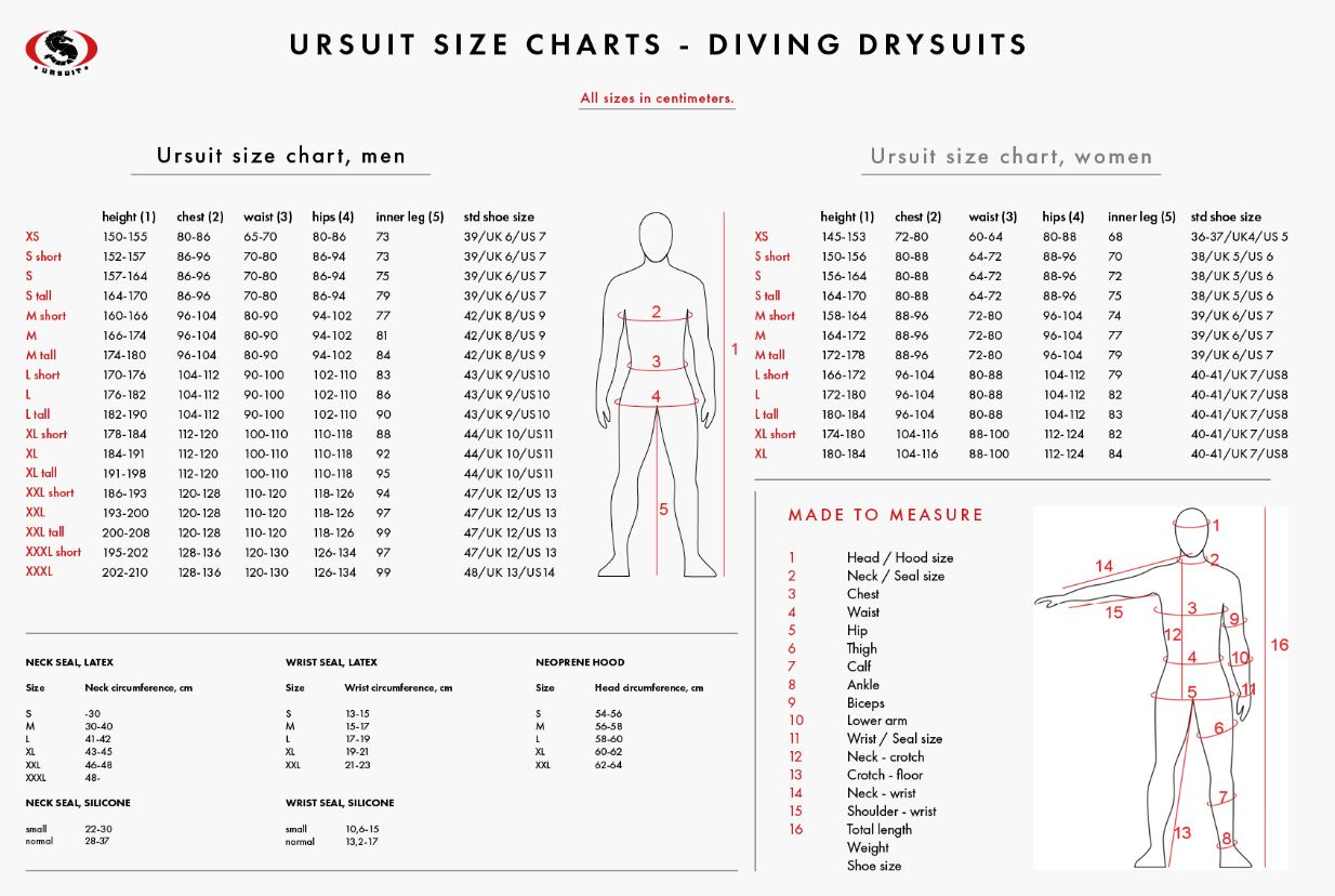 Size Chart for RedQ Rescue Drysuit