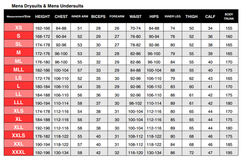 Size Chart for E.Space SE Drysuit - Men's ML - Instock