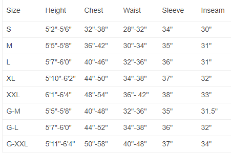 Size Chart for NRS Ascent SAR GTX Dry Suit