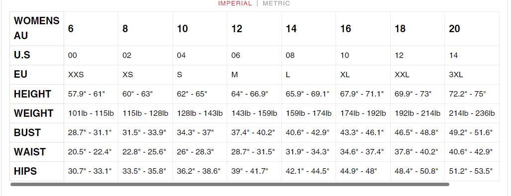 Female Size Chart for Titanium Chillproof Women's Long Sleeve Full Zip (Size 0 & 2, Closeout)