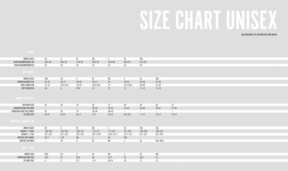 Size Chart for B2 6.5mm Boot