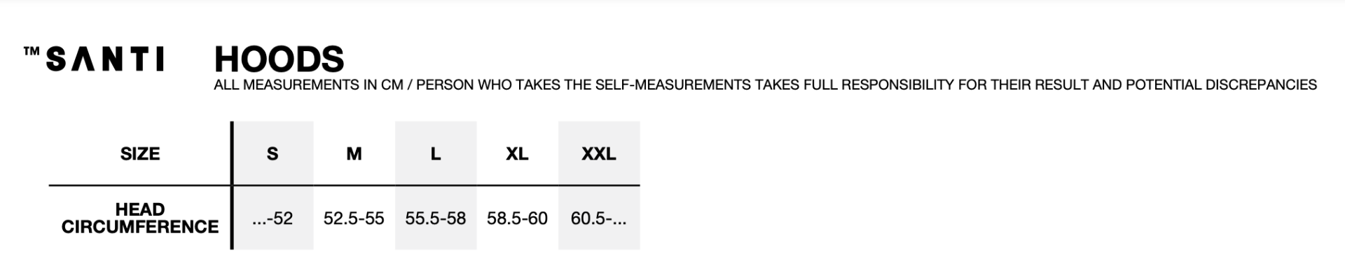 Size Chart for Neoprene Hood 6mm Collar