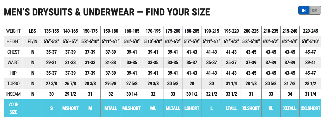 Size Chart for Men's Polar Stretch Mid-Layer Undergarment Pants