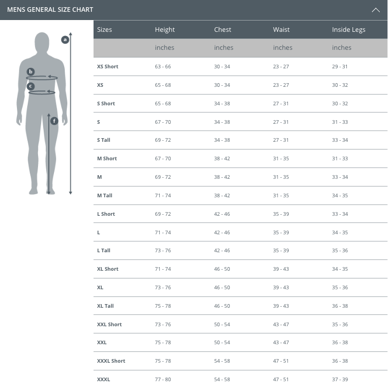 Size Chart for Men's Thermocline One Piece Wetsuit