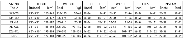 Size Chart for Tec-2 Undergarment System