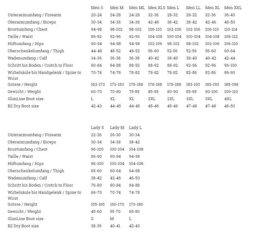 Size Chart for Explorer NST Drysuit 