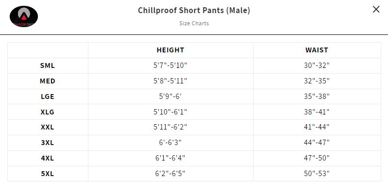 Size Chart for Men's Sharkskin Chillproof Shorts