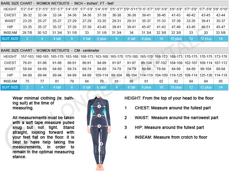 Female Size Chart for Evoke 7mm Women's Wetsuit