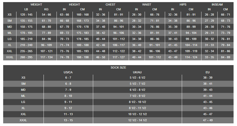 Size Chart for DX 300X Drysuit