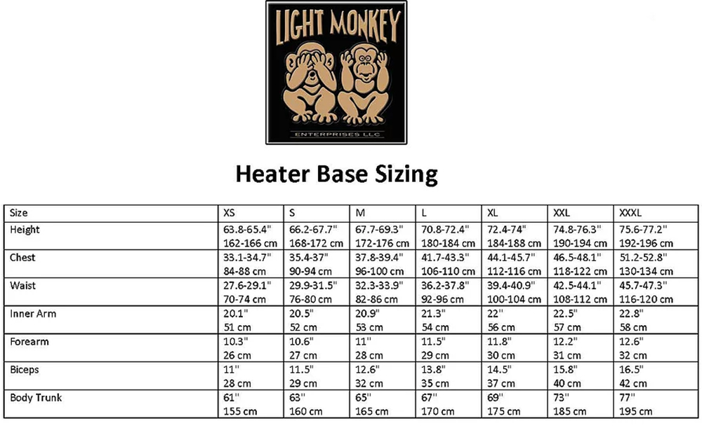 Male Size Chart for Heater Base Long Sleeve Shirt - Heated Vest