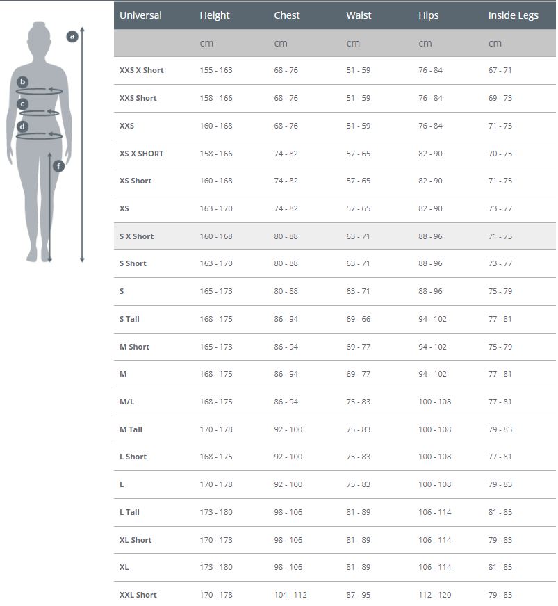 Female Size Chart for RF2 Hooded Jacket